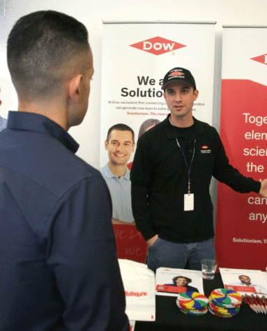 Fernando Paz talks to Jason Fiori about available jobs at Dow Corporation.