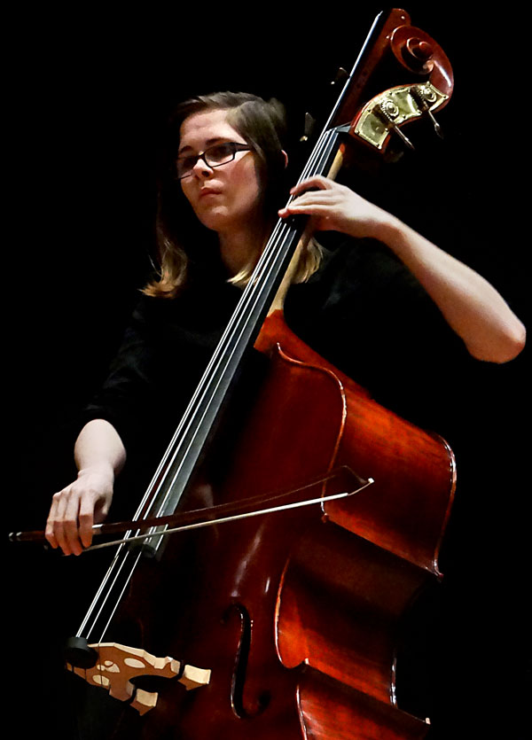 Rachel Dunzweiler plays double bass during the LMC Baroque Ensemble.