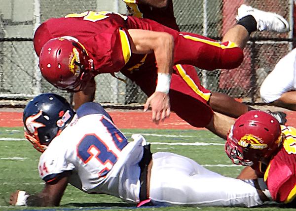 A potential helmet-to-helmet hit in the Oct. 5 LMC vs. West Valley College game.