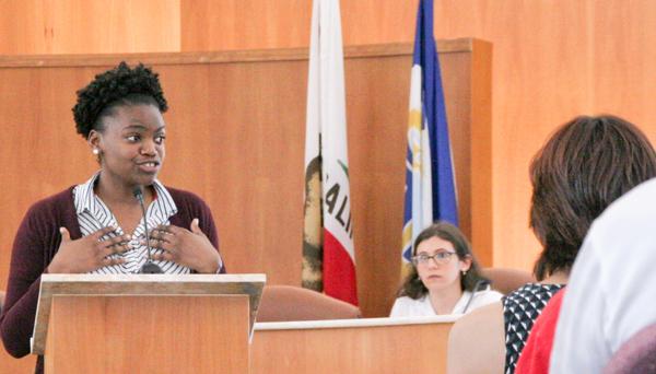 CCC Debator Diamonique Smith argues a point during a debate against LMC about Measure E May 1 at Pittsburg City Hall.