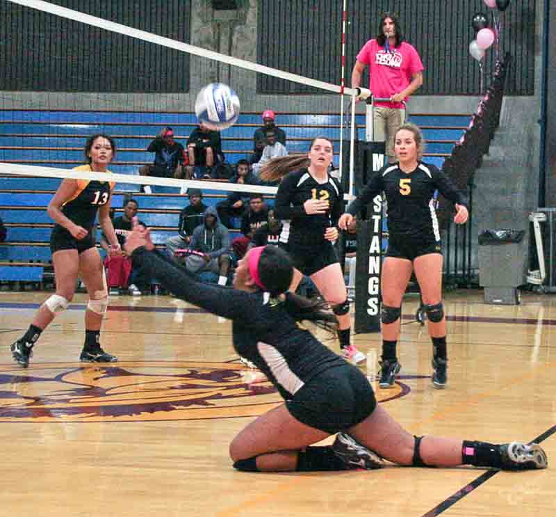 Stangs outside hitter Taylor Scriven dives to one knee to save the ball.