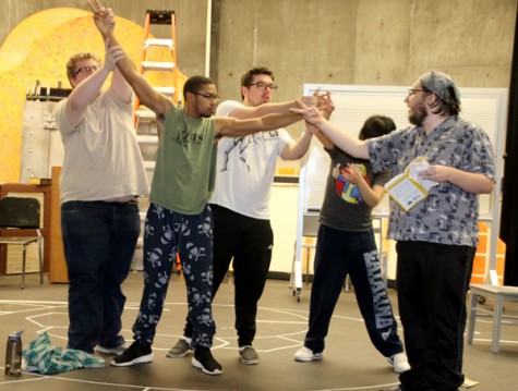 From left, Johnathan Shepard, Jarrelle Tramble, Zander Cameron, John Paul Castillo and Alex Desjardin rehearse for the upcoming Drama Department production of “A Midsummer Night’s Dream” Feb. 3. The play is set for a mid-March premiere. 