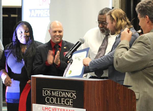 LMC Asosciated Students was presented an award from Congressman Jerry McNerney for their efforts in voicing the concerns of student veterans on campus. From left, Sable Horton, Gary Walker, Reginald Turner, Stuart Wadsworth and Assemblyman Jim Frazier.  