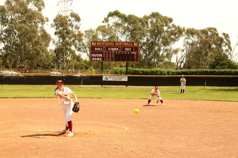 Jenna+Leavitt+allowed+only+one+hit+against+Yuba+College+in+the+first+game+of+a+double+header+on+April+9%2C+2015.+The+Mustangs+split+the+double+header.