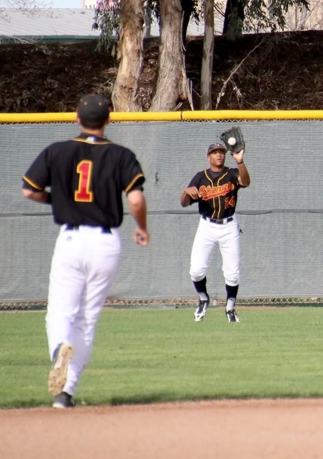 Centerfielder+Jerome+Hill+steadies+under+a+fly+ball+during+a+7-2+win+against+Mendocino+College+March+12.+Hill+finished+the+season+as+the+team+leader+in+batting+average%2C+hits%2C+stolen+bases+and+was+awarded+Bay+Valley+first+team+all-conference.