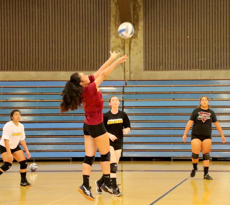 LMC volleyball player Janessa Seei digs for the ball as Roxanne Avilla, Savannah ONeal and Kiana Abrego watch on. 