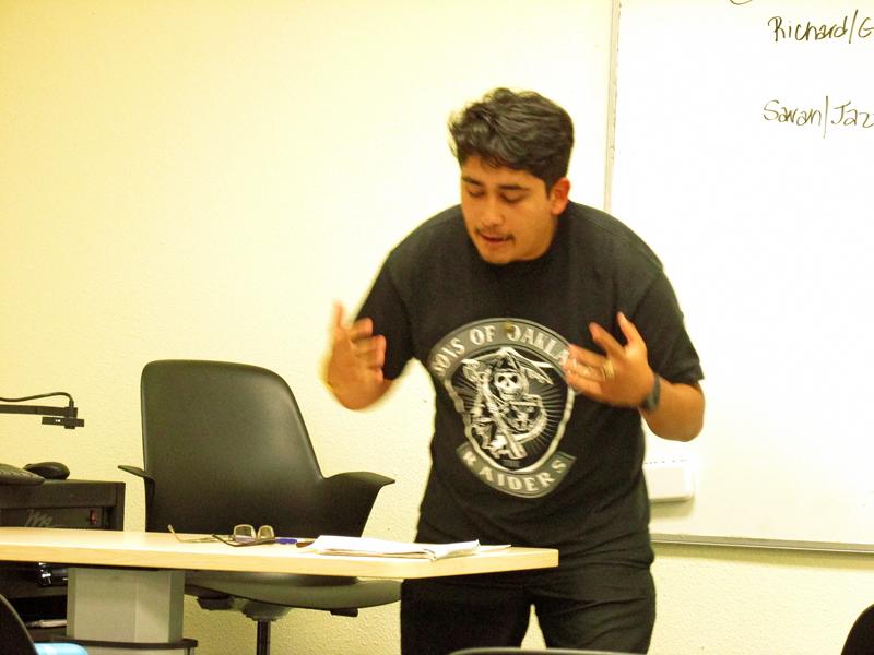 The Debate Team hones their skills Oct. 7 during a practice session. The team scrimmaged on the topic of whether or not a post-gender society is preferrable over the current status quo. Team advised by Marie Arcidiacono. (Raider shirt is Genaro Mauricio)