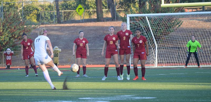LMC vs. Marin College, LMC, PIttsburg Ca., Marin Colleges #17 Maddie Bailey kicks ball towards the goal. 