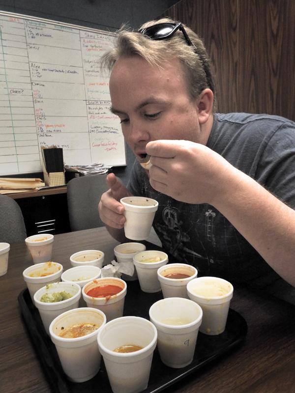Los Medanos College Experience Managing Editor Joseph Delano tries all 17 soups from the 6th Annual Soup Cook-Off Tuesday, Nov. 10, 2015 in the Journalism Lab. Each shot of soup was $1, bowls were $4 and ceramic bowls were $10. The money raised helped the Classified Senate to fund student scholarships.