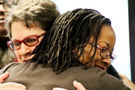 Demetria Lawrence farwell. As she will be leaving LMC to start her new role as the new Interim Director Of Student Life at Diablo Valley College on Dec 1, 2015. Ruth Goodin is giving Demetria Lawrence a farewell hug. Cathie Lawrence/Experience.