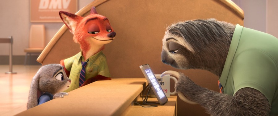 Judy Hopps, Nick Wilde and Flash in the film “Zootopia.”