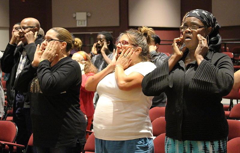 From left, Diane Lernay, Gina Salzillo-Mckeen and Deborah Walters practice their music warm-ups before singing during the Gospel Choir class Tuesday, May 3 in the Recital Hall. The 22nd Annual Gospel Celebration will be Saturday, May 7 at 7 p.m. Ticket prices are $18 in advance and $20 at the door.