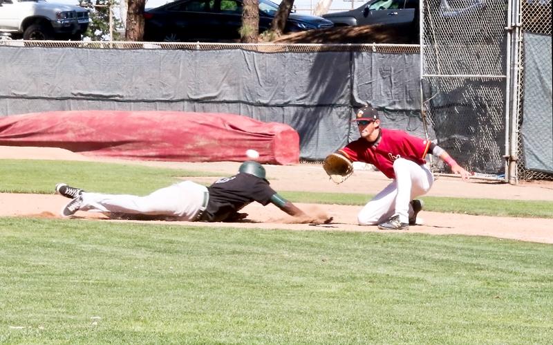 Above, Los Medanos College outfielder Jonathan Allen dives safely back into first base against Laney College on April 28 at home. Left, Los Medanos College pitcher Jack Higgins in mid pitching stride in the loss against Laney College.
