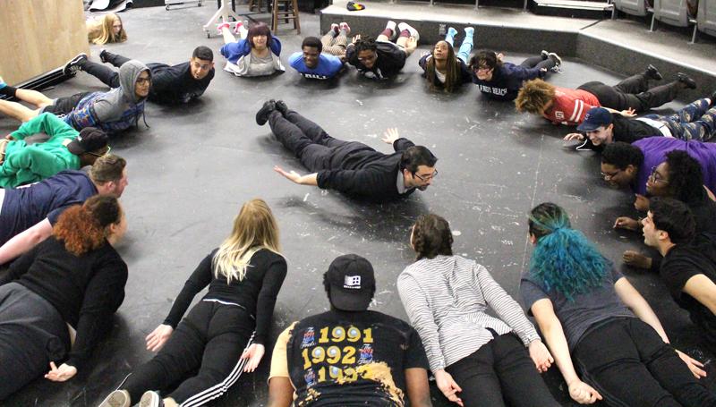 LMC Drama Department Chair Nick Garcia leads his students through and exercise during his DRAMA-021 class.