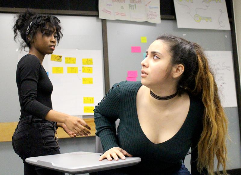 Drama students Cierra Nelson and Valerie Naranjo rehearse a scene from LMC's latest production 'Shapeless.'