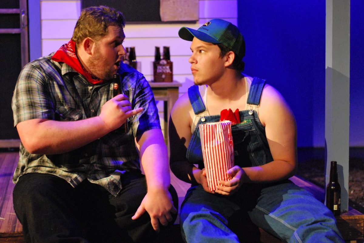 LMC students David Kluzek and Austin Trenholm rehearse for the opening night of Lonestar and Laundry and Bourbon. 