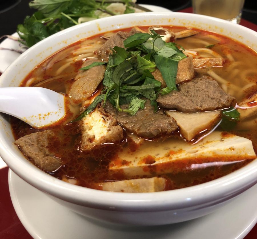 Spicy vegan beef rice noodle soup. 