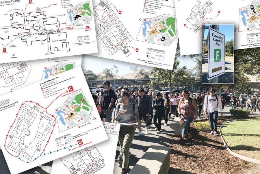 Los Medanos College students return to  College Complex Level Three after being evacuated due to a fire alarm Sept. 26. Maps atop the photo are the old evacuation routes for every building on campus. They are being updated. 