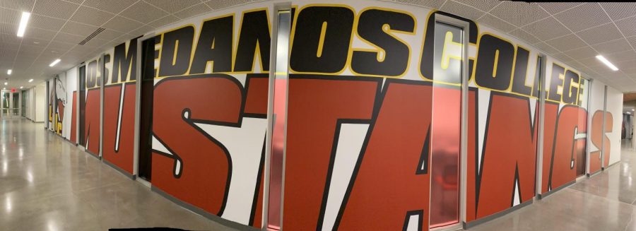 Mural of Los Medanos Mustangs in the new Kinesiology and Athletic Complex which is now open to students and staff.