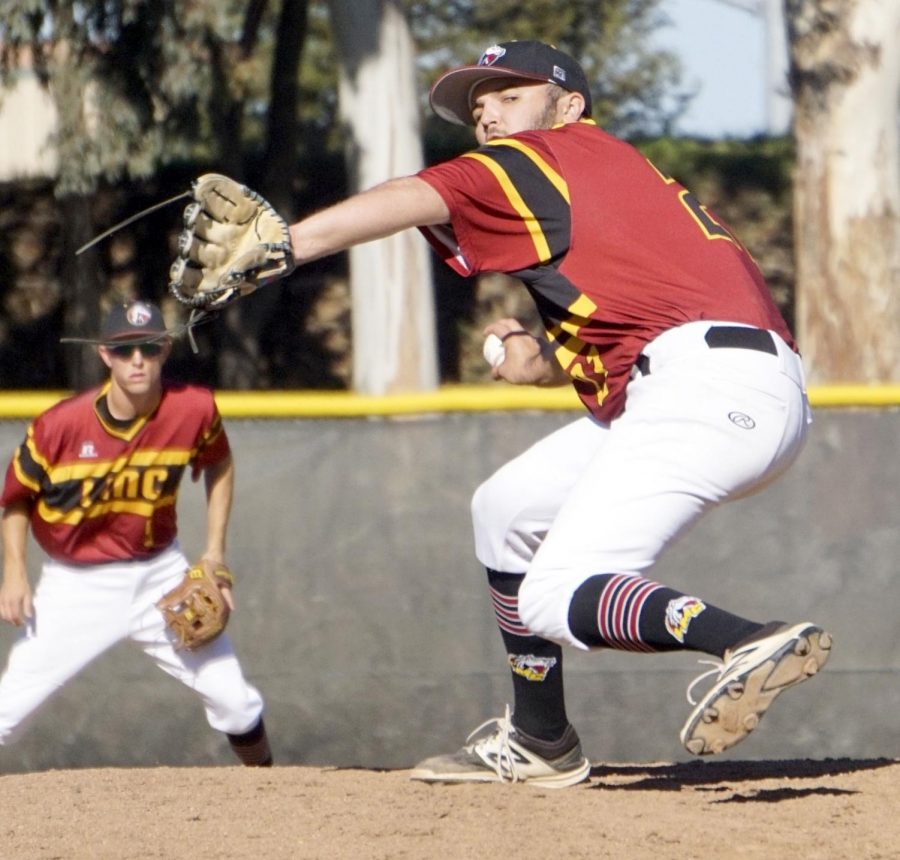 Right-handed pitcher Jacob Jackson takes position to throw the ball to a Diablo Valley College player at bat during a baseball game on Tuesday, Feb. 25, 2020 at Los Medanos College in Pittsburg, Calif. 