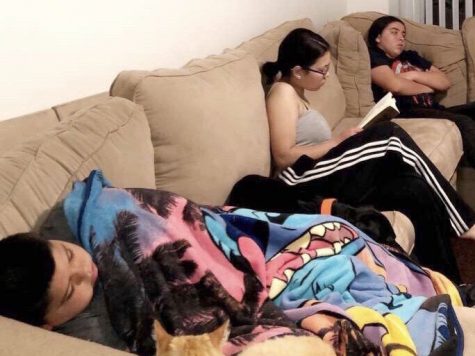Left: Katelyn Lopezs brother napping, Katelyn Lopez reading in the middle, and her sister watching television.