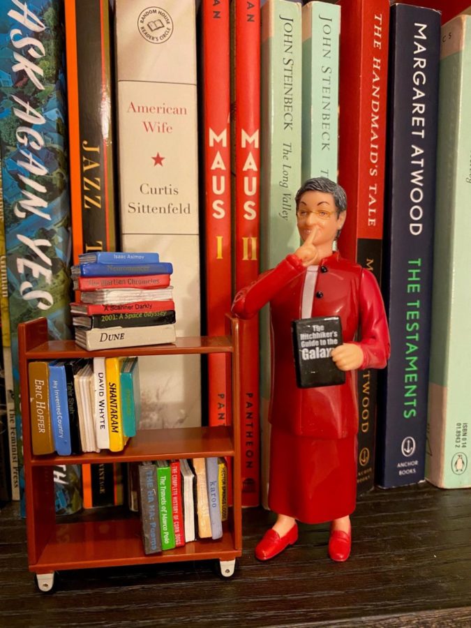 “It’s my Librarian Action Figure standing on my bookshelf. The action figure has a button you can press to raise her finger to her lips, like she’s shushing you.” — Roseann Erwin 