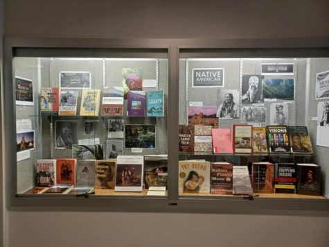 The Native American Heritage Month display inside the LMC library lobby features Native American literature.
