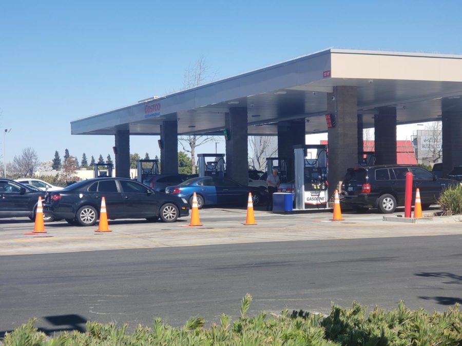 Long lines fill the local Costco gas station.