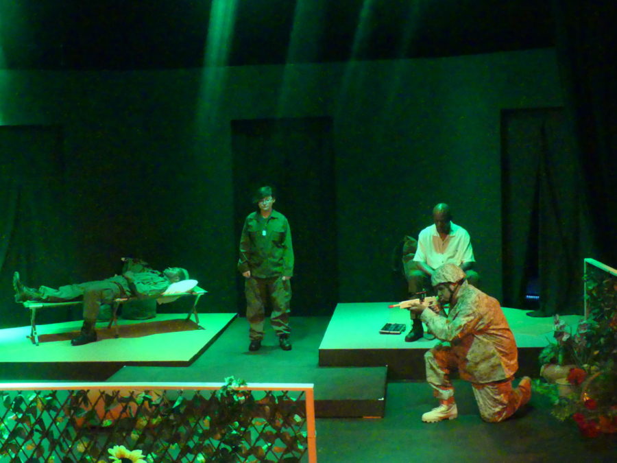 Jason Anthony as Pop (left), Carswell Ouimet as Ginny (middle), Emby as Grandpop (sitting on right), and Aqeel Torres as Elliot rehearses a scene before the show.