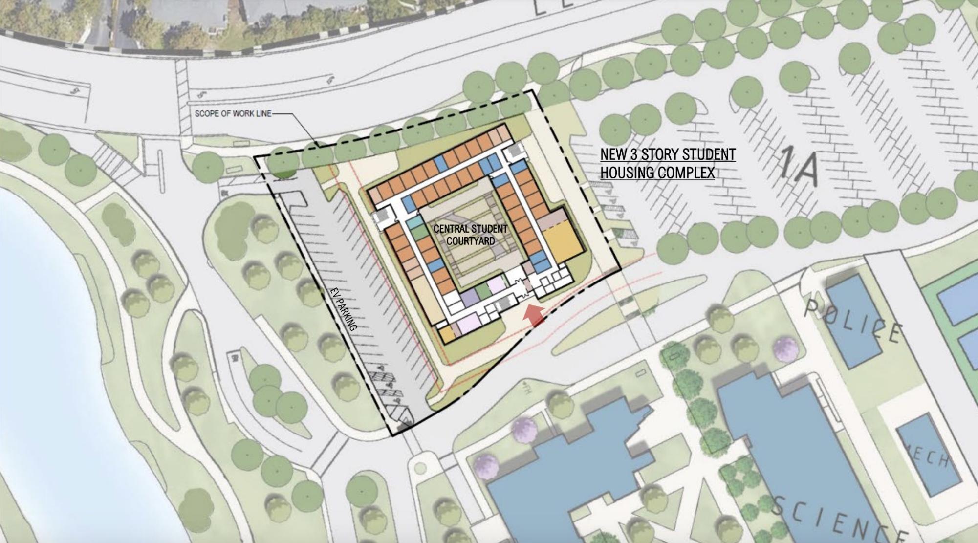 LMCs housing project outlines the proposed location of the dorm building in Lot A. 