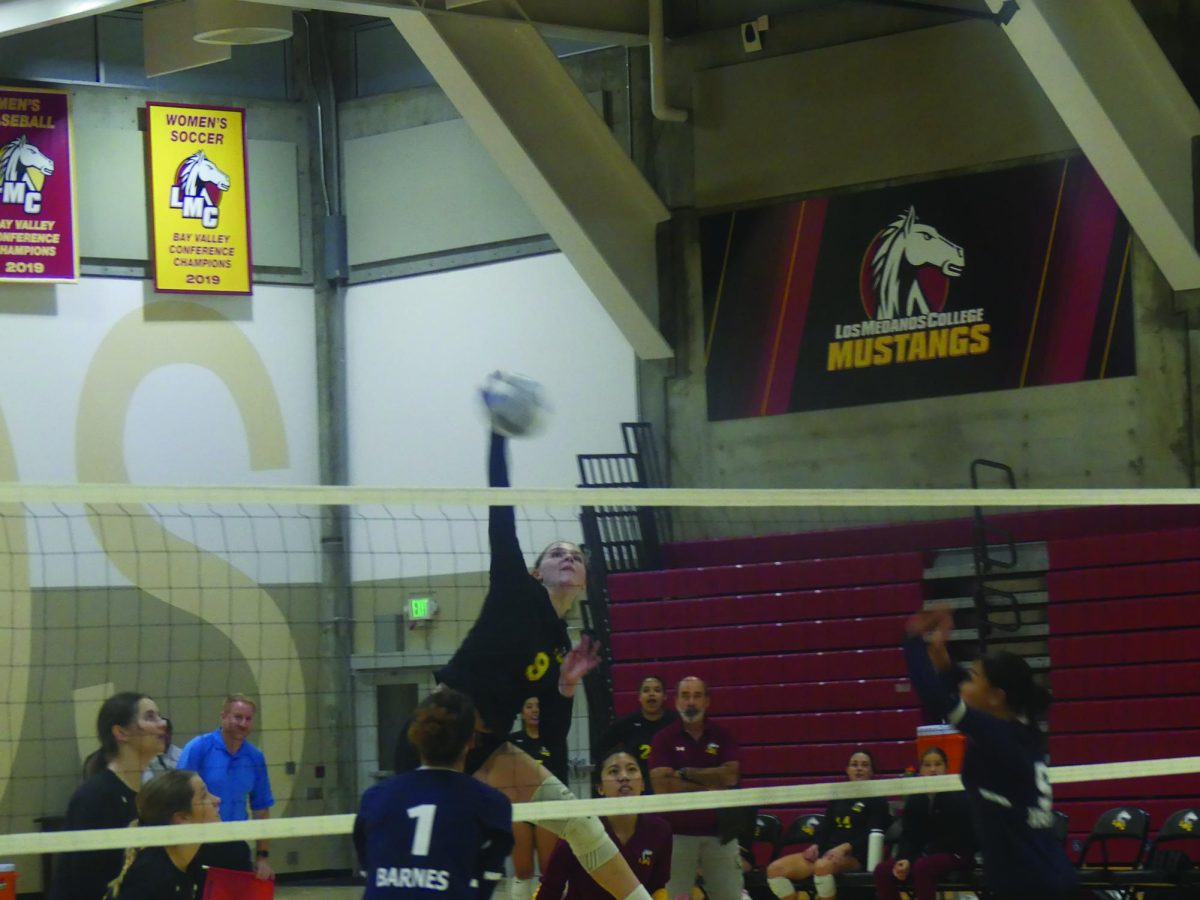Los Medanos College Mustangs womens volleyball player Grace Geisler spiking the ball looking to get her team a point.