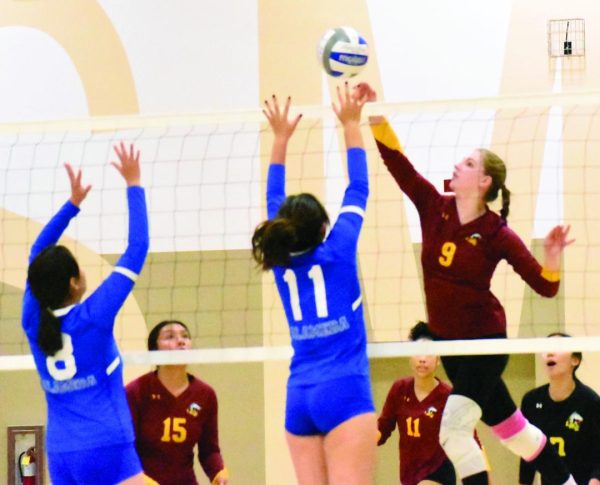 LMC womens volleyball player Grace Geisler, No. 9, spiking the ball looking to score a point for the Mustangs.