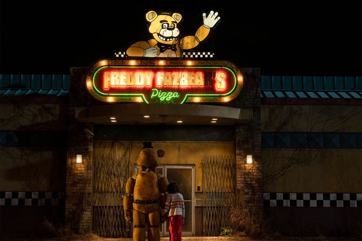 William Afton, portrayed by Matthew Lillard, taking Abby, portrayed by Piper Rubio, into Freddy Fazbears pizzeria with bad intentions.