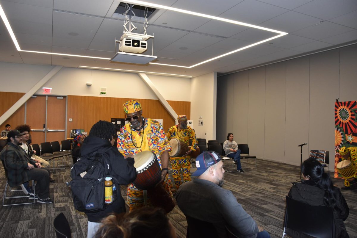 The Brothas of the Drum interact with students during a celebration of Black history held in the Student Union at Los Medanos College Feb. 13