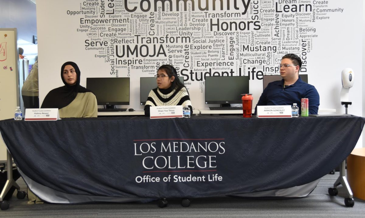 2024-2025 Contra Costa Community College District Student Trustee candidates Halena Neyazi, Shwe Yee Thinn, and Armon Gonzalez participate in Q&A held in LMCs Student Union. 