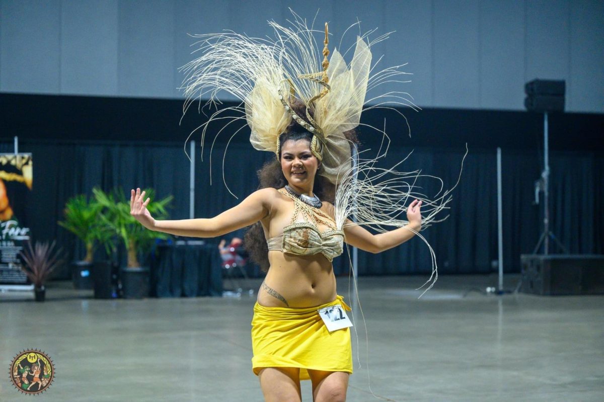 LMC student Layla Lopez in traditional Tahitian dance attire at the Hura Tahiti dance competition in 2022.