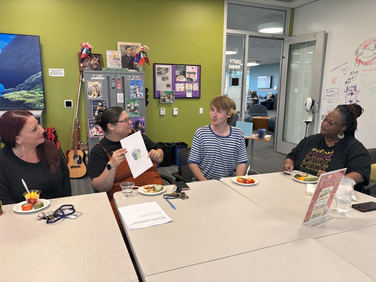 From left: Nicole Westbrook, Adrianna Simone, Jordan Ramey, Megela Ohare discussing in the Student Union Unity room, Oct. 2.