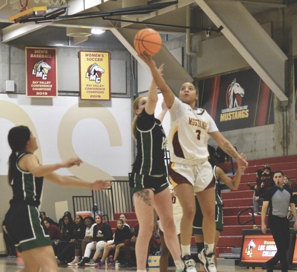 Mustang's Sa’Nia White attempts to make a basket during game.