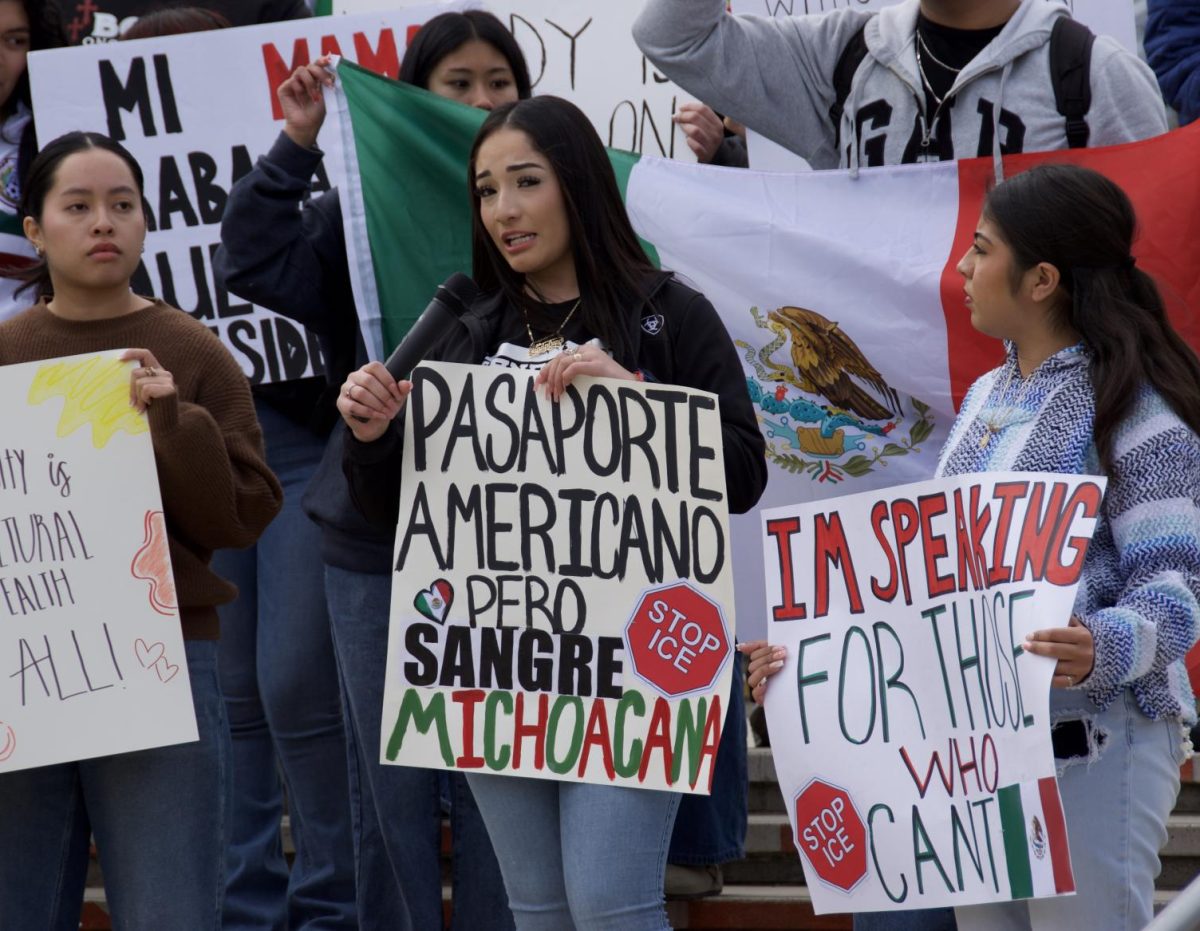 Puente club co-president Guadalupe Gomez speak at the protest on the Pittsburg quad, Feb. 12.