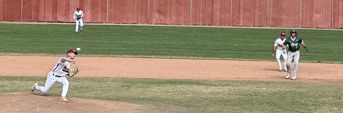 During last thursdays game vs Laney College at home, LMC pitcher No. 45 Shawn McBroom gears up to deliver his pitch to home plate.