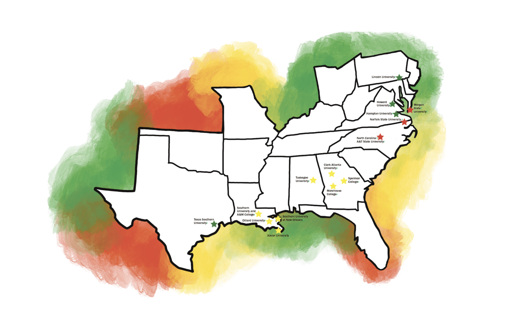 Map shows the locations of HBCUs from past and upcoming Contra Costa Community College District tours. The colleges denoted by yellow stars are those students will visit in March. Colleges identified by red and green stars are a selection of schools visited on previous tours. 