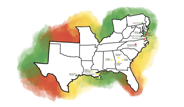 Map shows the locations of HBCUs from past and upcoming Contra Costa Community College District tours. The colleges denoted by yellow stars are those students will visit in March. Colleges identified by red and green stars are a selection of schools visited on previous tours. 