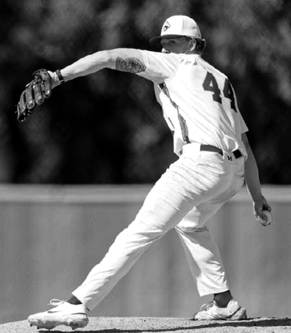 Mustangs pitcher No. 44 Zane Baltz gets ready to throw a pitch to home plate at LMC.