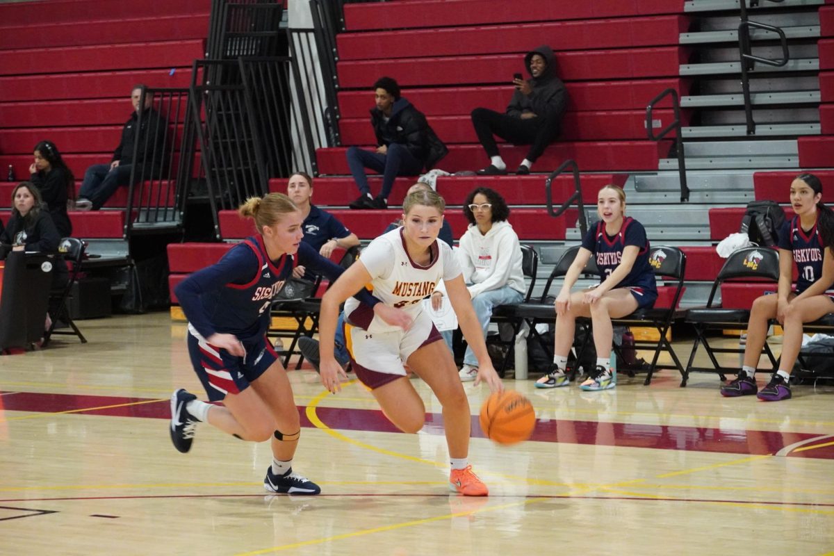 LMC's No 23 Kendall McClure dribbles past a Siskiyou defender during LMC's Nov. 13 game.