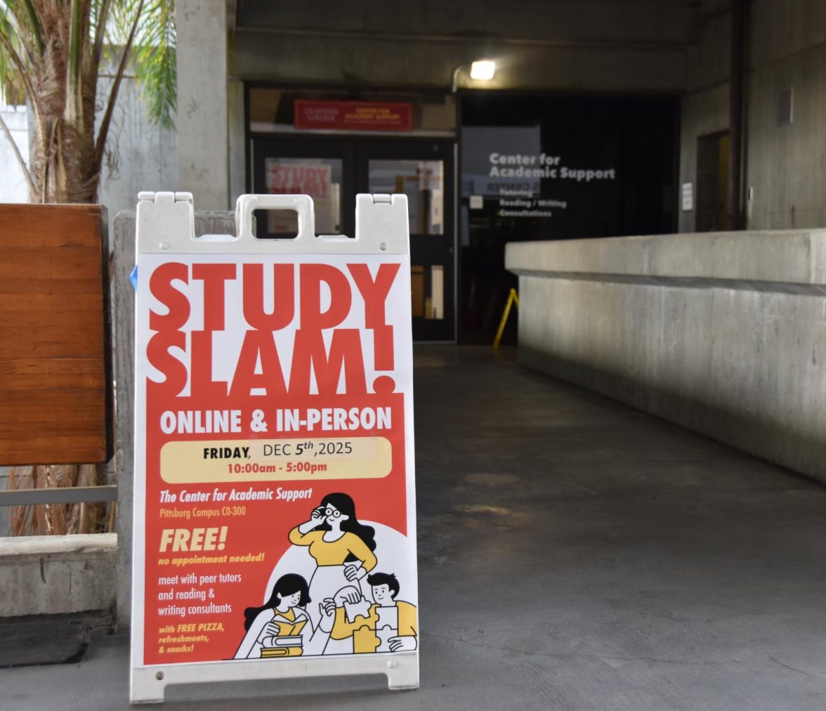 An advertisment for the Center for Academic Support's upcoming Study slam in front of the center.