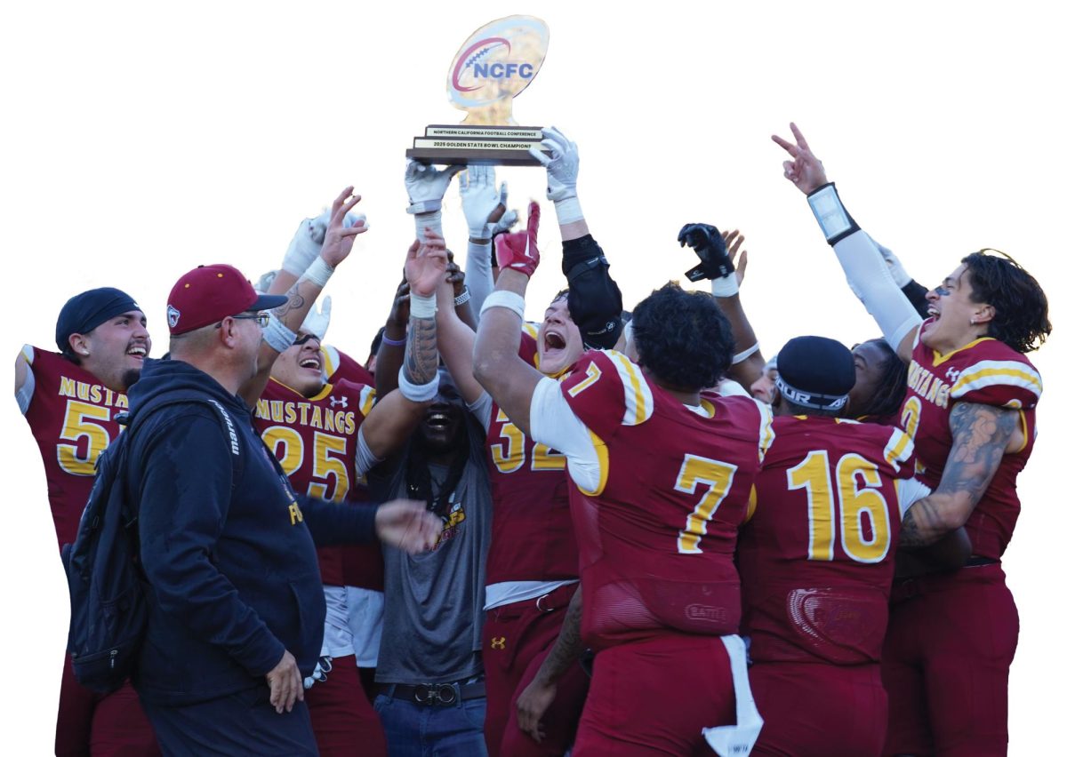 The LMC Mustangs Football team celebrate after their historic Golden State Bowl win Nov. 22.