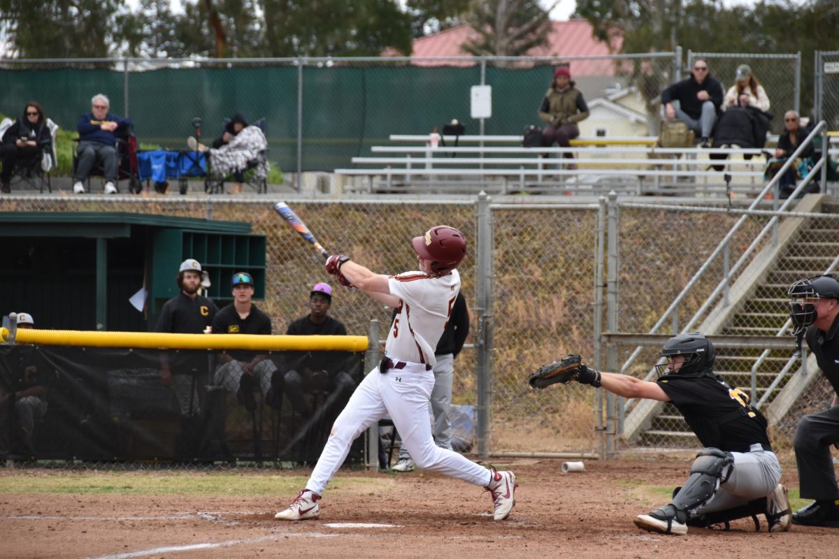 No.5 Jerry Coakley hits a foul ball during his at bat against Chabot college in Pittsburg on Feb. 25.