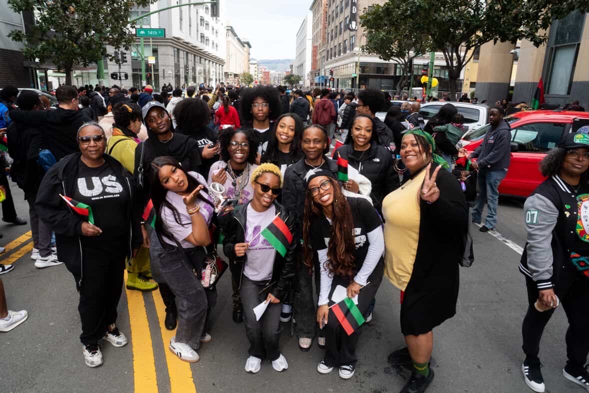 Jamila Stewart (Left)joins LMC Umoja students and BSU members in the 9th Annual Black Joy parade in the streets of Oakland to celebrate Black History Month. - Courtesy of Jamila Stewart