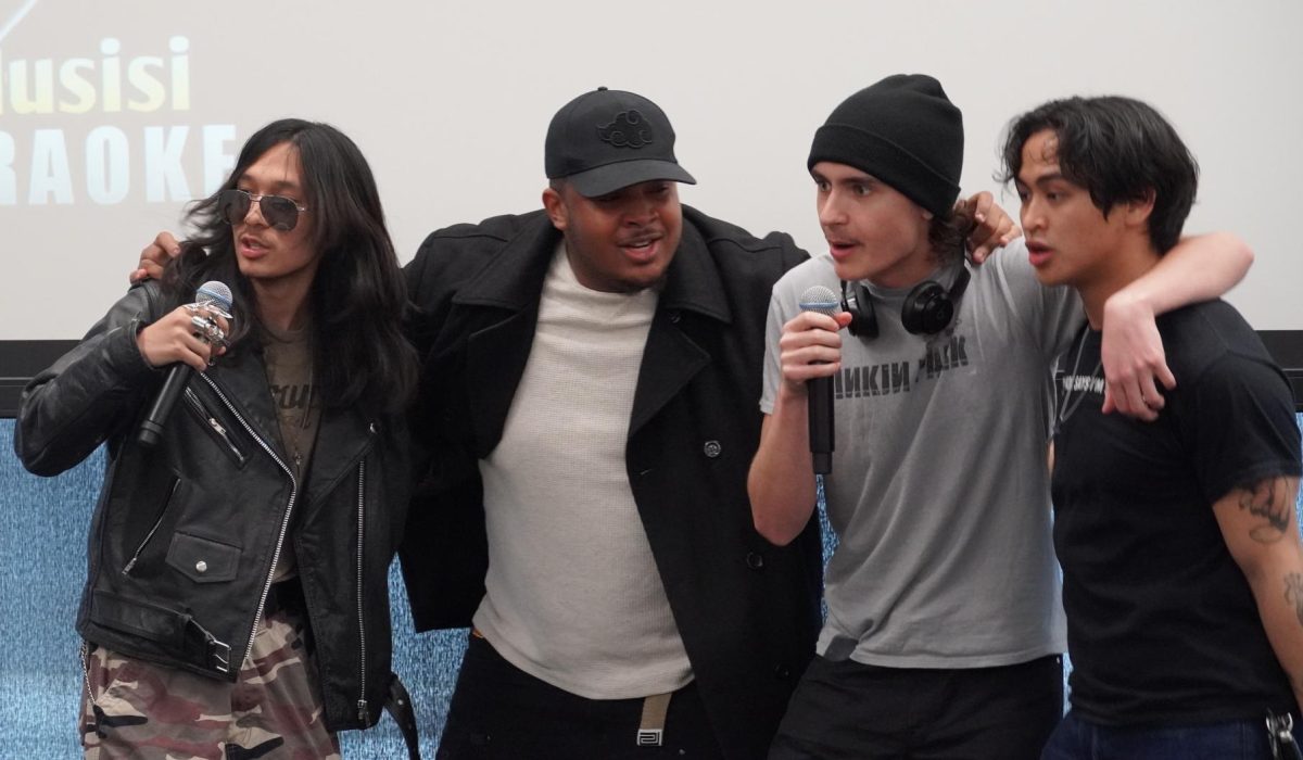 Nathaniel Rosales (far left), Jordan Flournay (second from left), Michael Gutierrez (second from right) and David Duldulao (far right) perform Uptown Funk by Bruno Mars during the APIDA Karaoke event March 11, 2026 from 1-3 p.m. in SU-109. Students gathered to sing and celebrate during the campus karaoke event.