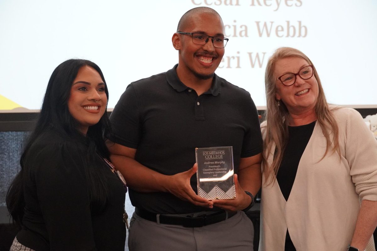From left, Classified Senate President Irene Sukhu, EOPS Program Coordinator Andrew Murphy and President Pamela Ralston.